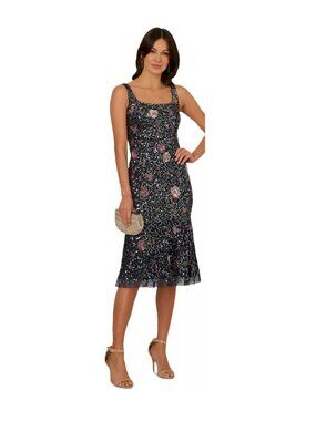 Adrianna Papell Navy Sequin Floral Midi Dress with Pink Accent